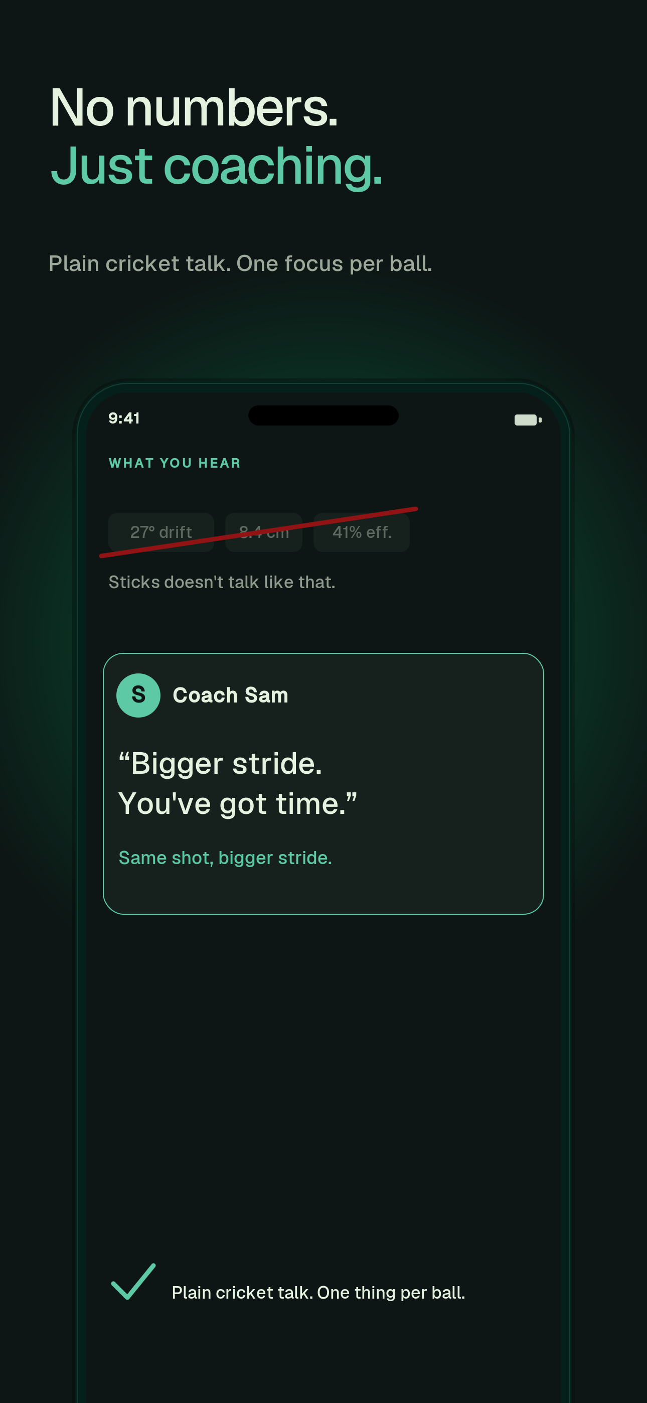 Sticks coaching screen showing plain spoken cues instead of numbers and charts.